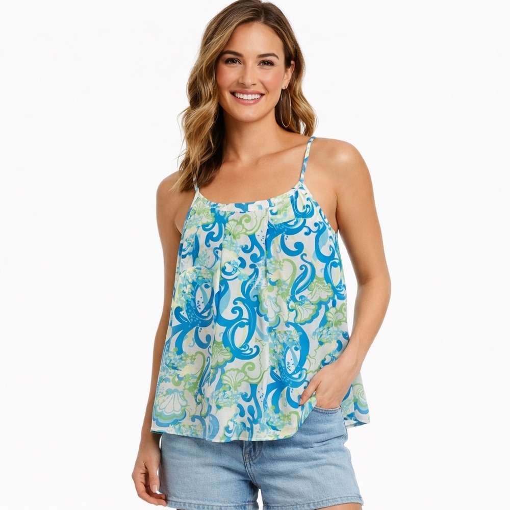Lilly Pulitzer Dusk Racerback 100% Silk Tank Top in‎ Crystal Coast Blue/Green M
